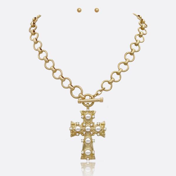 CROSS PEARL BEAD PENDANT CIRCLE LINK TOGGLE CLASP NECKLACE