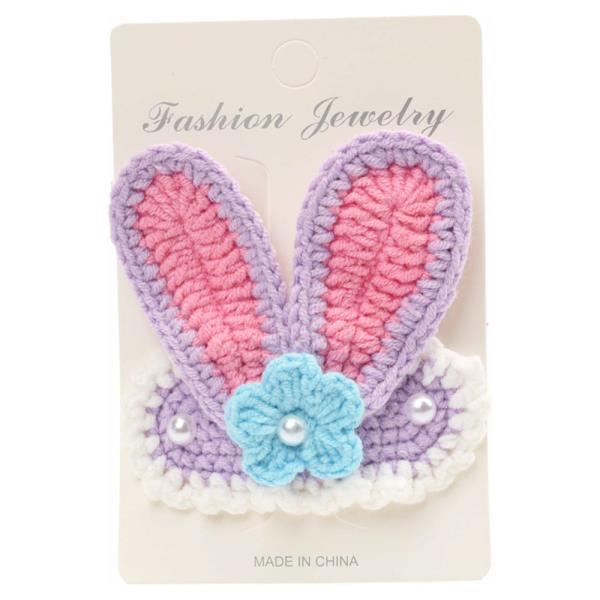 BUNNY EARS FLOWER PEARLS CROCHET KNIT SNAP HAIR PIN