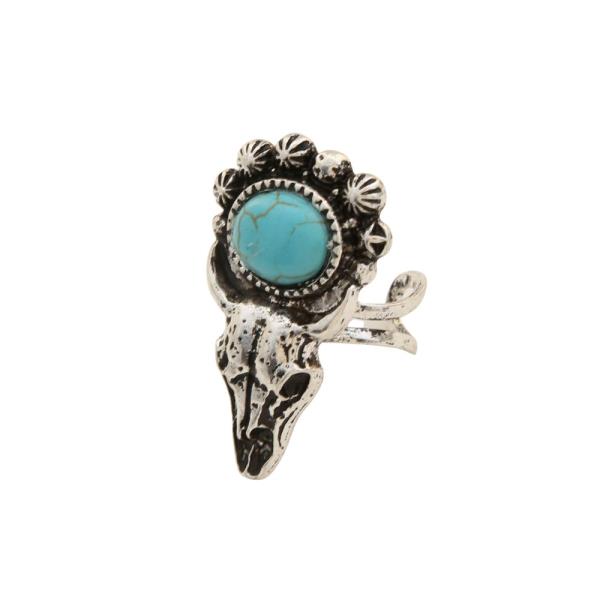WESTERN OVAL TURQUOISE CATTLE SKULL ADJUSTABLE RING