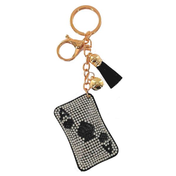 RHINESTONE ACE SPADE PLAYING CARD ORNAMENT BALL KEYCHAIN WITH TASSEL