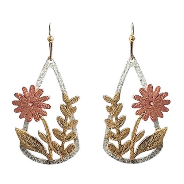 FLOWER LEAF PATTERN TEARDROP DANGLE EARRING