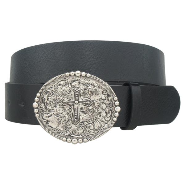 WESTERN CROSS ETCHED OVAL BUCKLE WASHED STRAP BELT