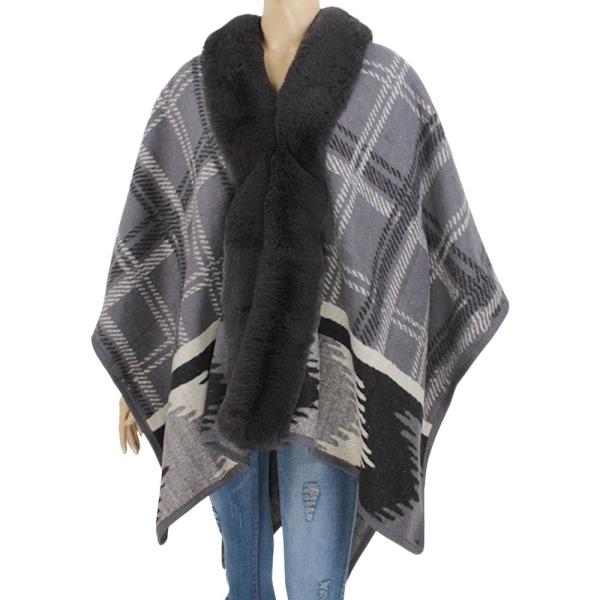PLAID PATTERN FAUX FUR COLLAR PONCHO