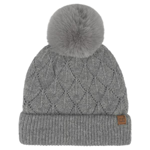 CC LEAF PATTERN FAUX FUR POM BEANIE