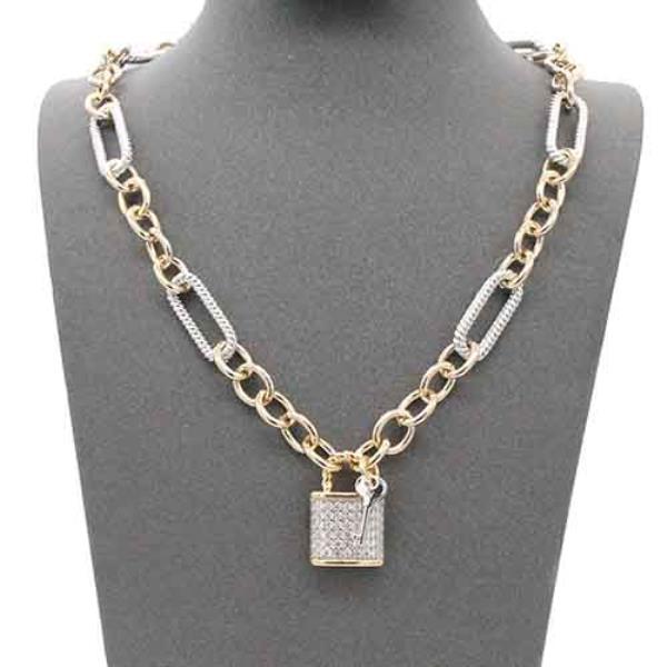 14K PLATED LOCK KEY CHARM TWO TONE NECKLACE