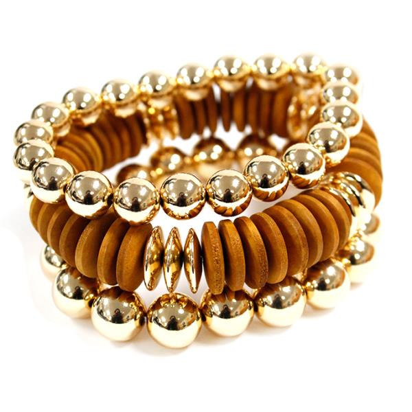 METAL WOOD BEAD STRETCH BRACELET SET
