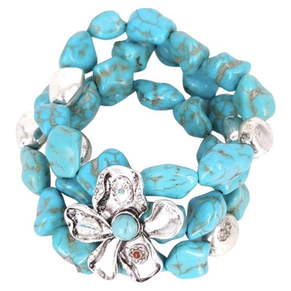WESTERN STYLE METAL FLOWER TURQUOISE BEAD BRACELET SET