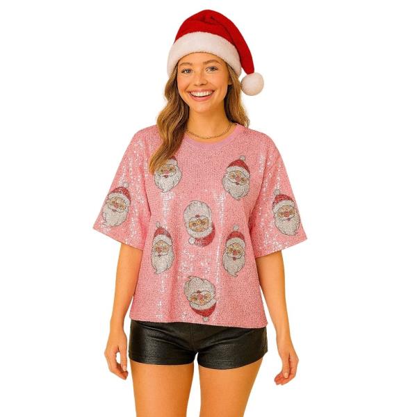 CHRISTMAS SANTA FACE SEQUIN SHORT SLEEVE TOP