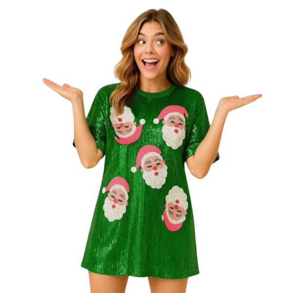 CHRISTMAS SANTA FACE SEQUIN SHORT SLEEVE DRESS