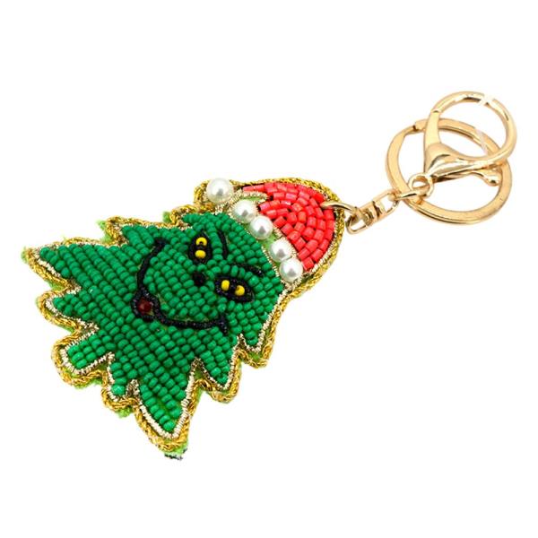 CHRISTMAS SEED BEAD GREEN MONSTER TREE KEYCHAIN