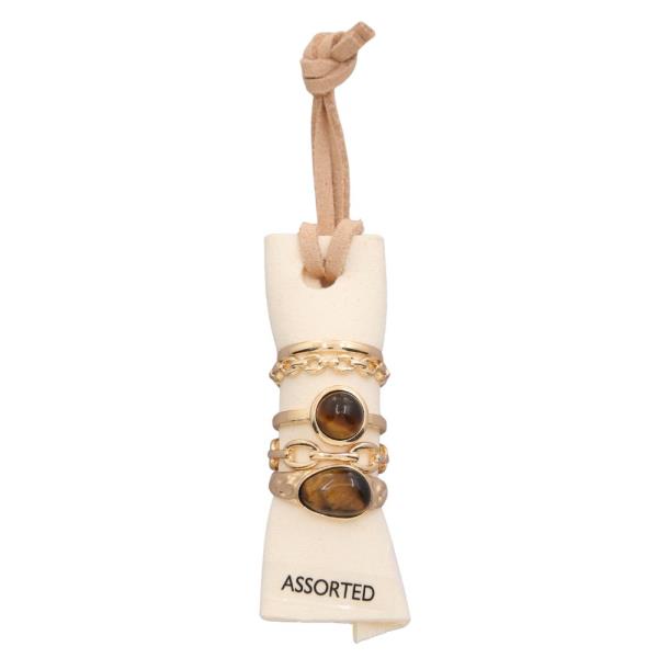TEXTURED METAL AMBER STONE LINK STACKABLE MULTI RING SET