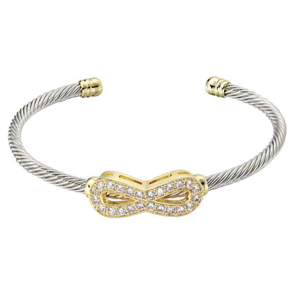 TWO TONE METAL CABLE RIBBON CZ OPEN CUFF BRACELET
