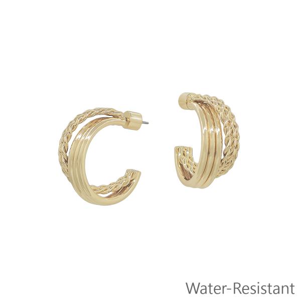 CROSSED METAL LAYERED OPEN HOOP WATER RESISTANT EARRING