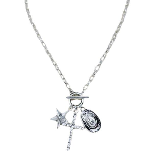 WESTERN HAT CRISS CHARM TOGGLE CLASP METAL NECKLACE