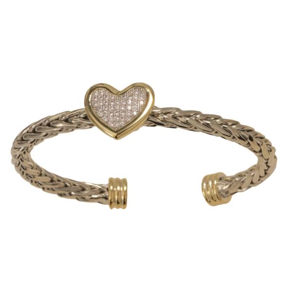 TWO TONE CZ HEART PAVED BRAIDED LINK CUFF METAL BRACELET
