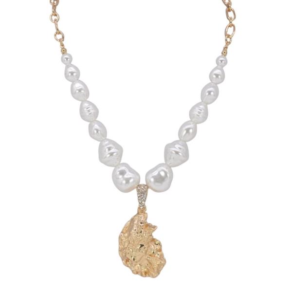 TEXTURED METAL PEARL BEADED SHELL PENDANT NECKLACE