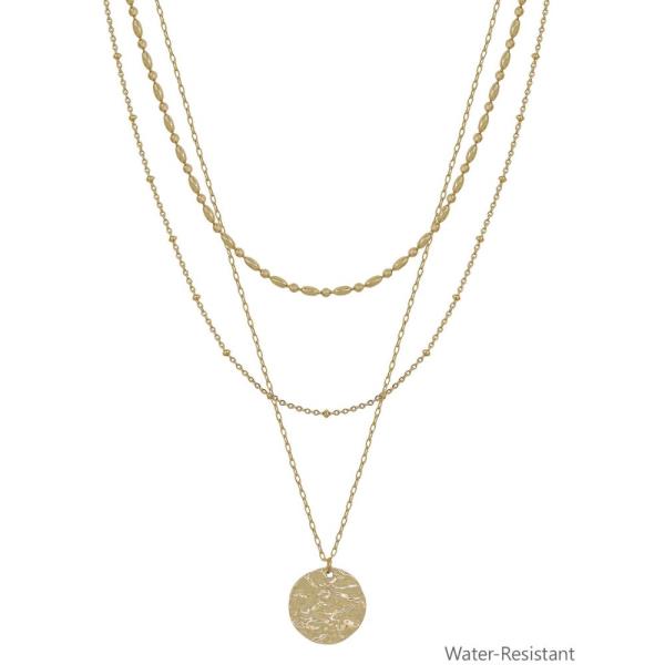 3 LAYERED THIN OVAL TEXTURED CHAIN COIN PENDANT NECKLACE WATER RESISTANT NECKLACE
