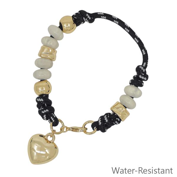 PUFFY HEART CHARM COLOR THREAD BEADED WATER RESISTANT BRACELET