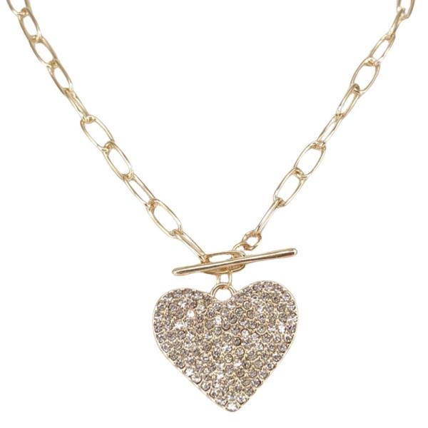 RHINESTONE HEART PENDANT OVAL LINK METAL NECKLACE