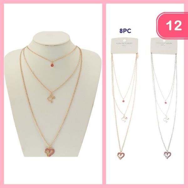 RHINESTONE HEART LAYERED PENDANT NECKLACE (12 UNITS)