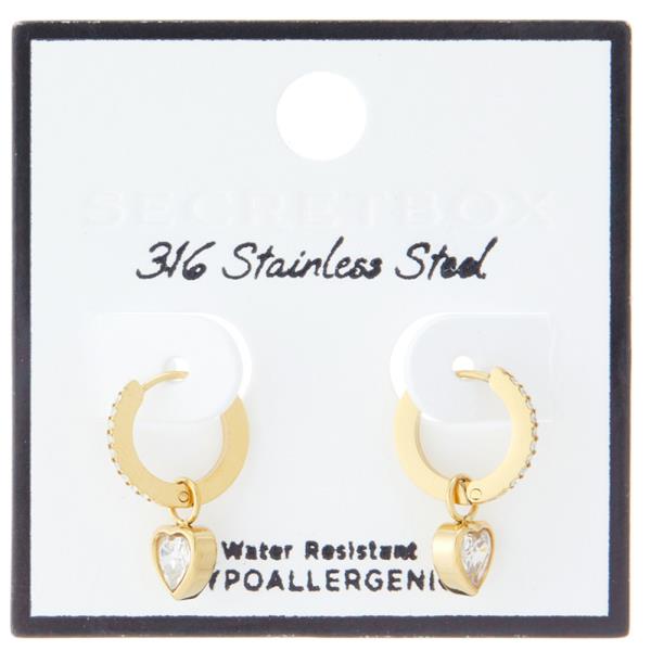 SECRET BOX STAINLESS STEEL HEART CUBIC PAVE HUGGIE WATER RESISTANT EARRING