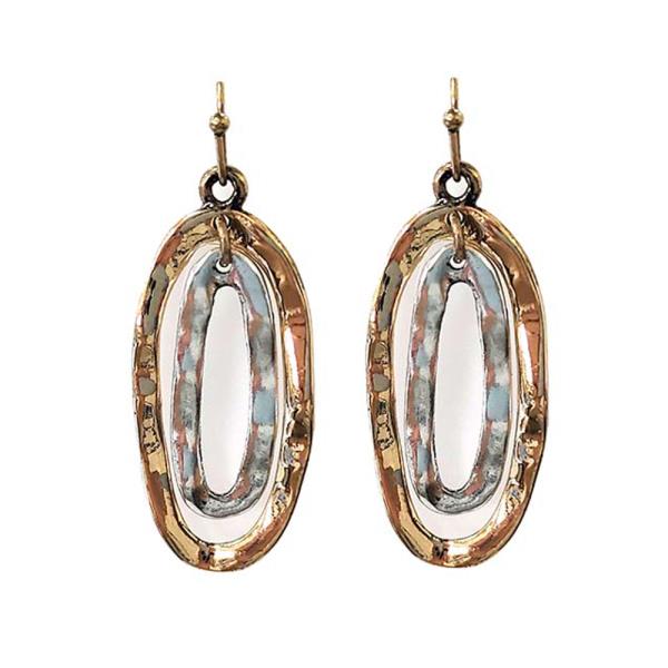 TWO TONE OVAL METAL DANGLE EARRING