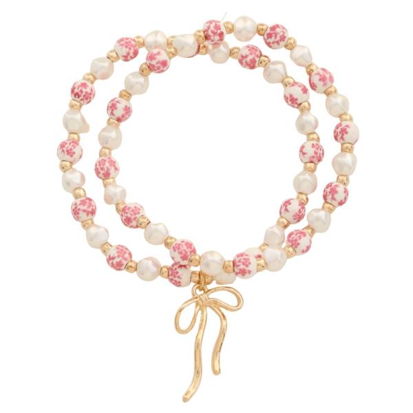 RIBBON BOW CERAMIC BEAD BRACELET SET