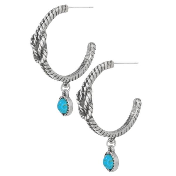 WESTERN SEMI STONE ROPE TEXTURED HOOP EARRING