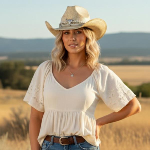 HANDMADE VINTAGE COWBOY HAT WITH SILVER BULL HEAD AND MULTIPLE BANDS.