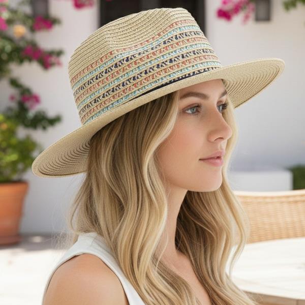 MULTICOLOR WOVEN STRAW FEDORA HAT WITH RIBBON BAND.