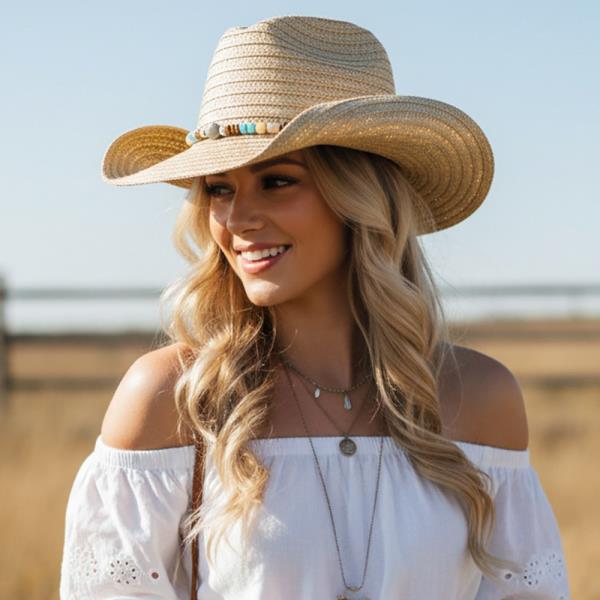 STRAW COWBOY HAT WITH STONE  WOODS BEADS