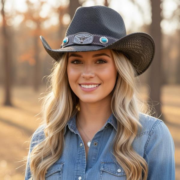 WESTERN STRAW COWBOY HAT WITH TURQUOISE STONE CONCHO AND BULL EMBLEM BUCKLE BAND