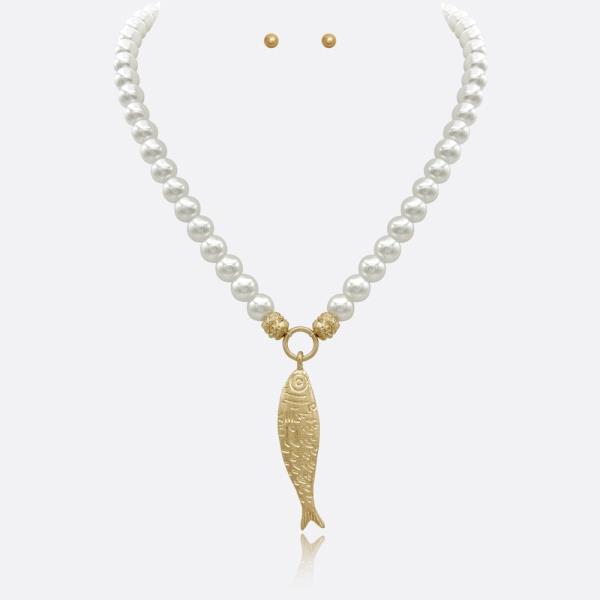FISH PENDANT PEARL WATER RESISTANT NECKLACE SET