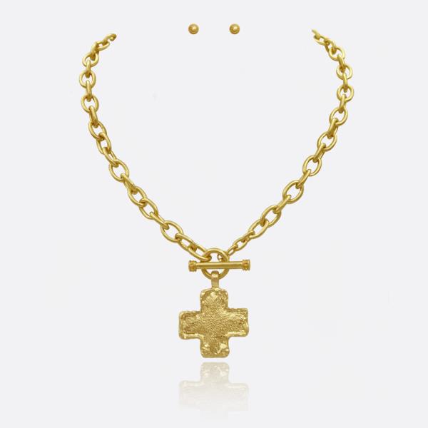 HAMMERED CROSS PENDANT TOGGLE WATER RESISTANT NECKLACE SET