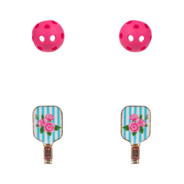 PATTERNED ENAMEL PICKLEBALL W/ PICKLEBALLER BEAD EARRING