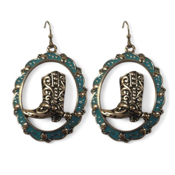 WESTERN COWBOY BOOT OVAL METAL EARRING