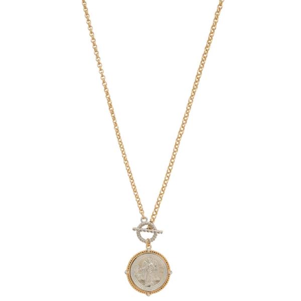 TWO TONE MEDALLION TOGGLE CLASP METAL NECKLACE