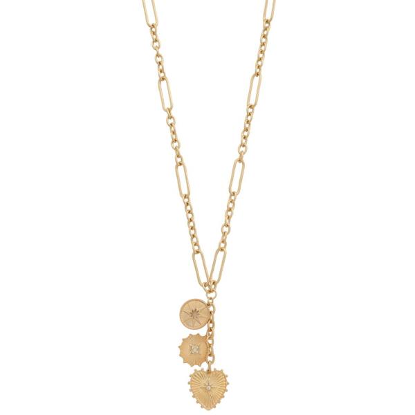 HEART MULTI CHARM OVAL LINK METAL NECKLACE