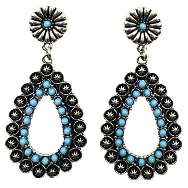 TURQUOISE BEAD TEARDROP METAL DANGLE EARRING