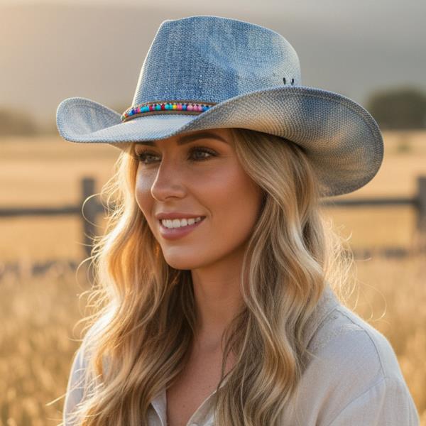 RUSTIC WESTERN STRAW HAT WITH HEISHI BEAD AND RHINESTONES CHAIN BAND