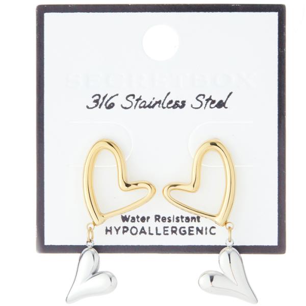 SECRET BOX WATER RESISTANT STAINLESS STEEL OPEN HEART DANGLE EARRING