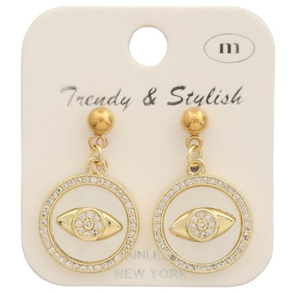 STAINLESS STEEL CZ EVIL EYE ROUND DANGLE EARRING
