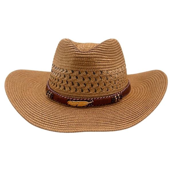 WOVEN STRAW PINCHED CROWN CURVED WIDE BRIM COWBOY HAT WITH METAL FEATHER BELT BAND