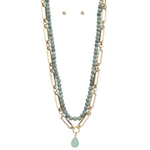 LAYER COLOR BEAD LINK CHAIN CRYSTAL PENDANT NECKLACE EARRING SET