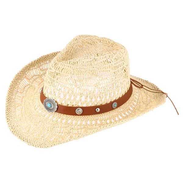 STRAW OPEN WEAVE BEADED BAND COWBOY SUN HAT