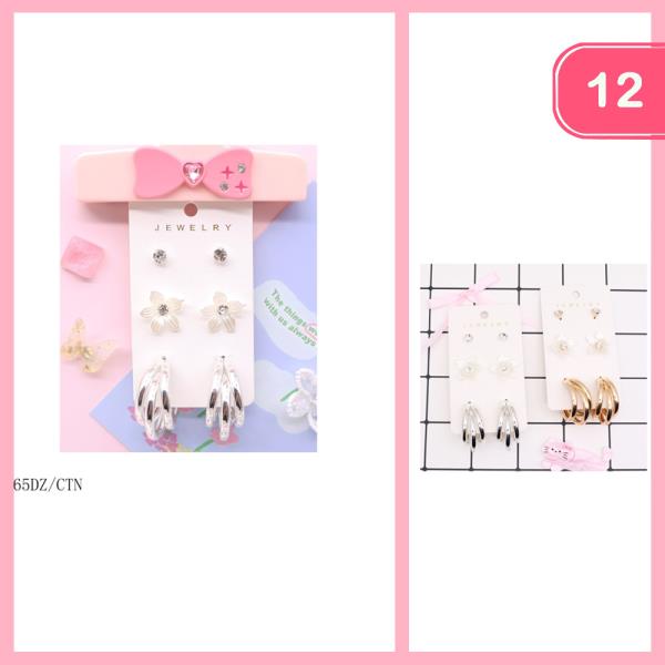 FLOWER POST HOOP EARRING SET (12 UNITS)