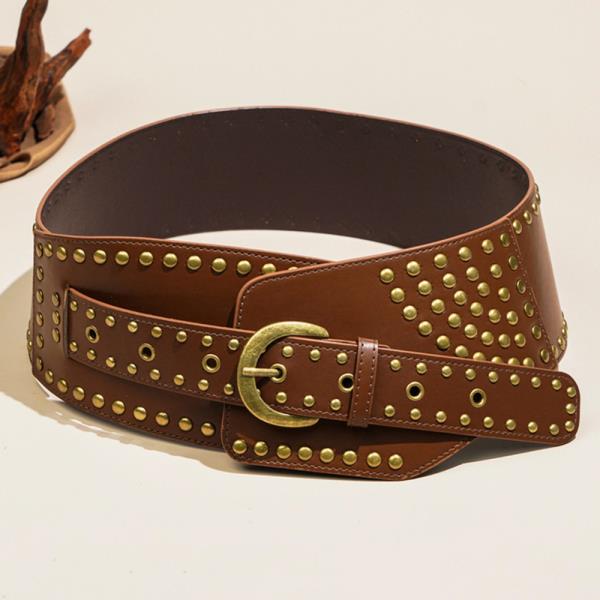 FAUX LEATHER STUDDED GROMMET WIDE BELT