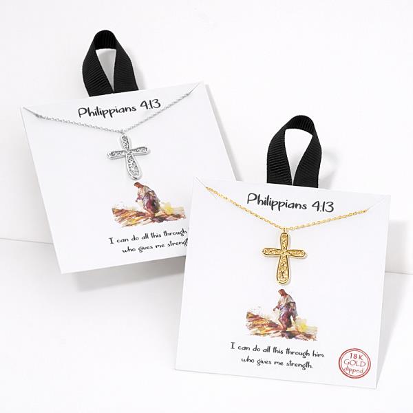 18K GOLD DIPPED PHILIPPIANS 4:13 CROSS PENDANT NECKLACE