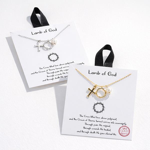 18K GOLD DIPPED LAMB OF GOD CROSS PEARL NECKLACE