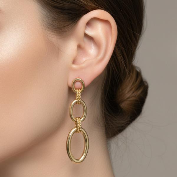 14K GOLD WHITE GOLD DIPPED WATER RESISTANT INTERLOCKING OVAL LINK DROP EARRINGS